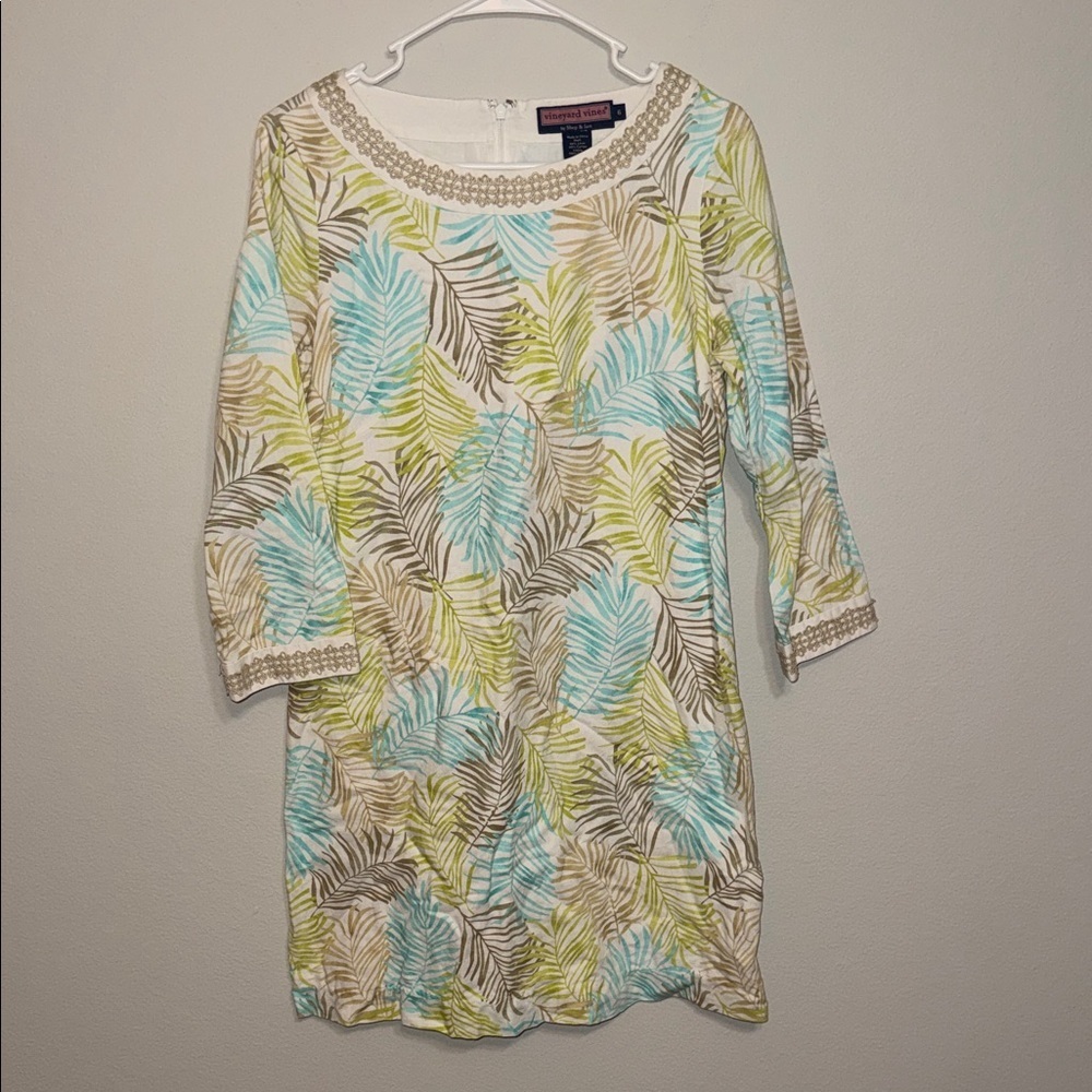Vineyard Vines Leaf-Print Linen Cotton Shift Dress in Aqua, Lime & Tan - 6. B13